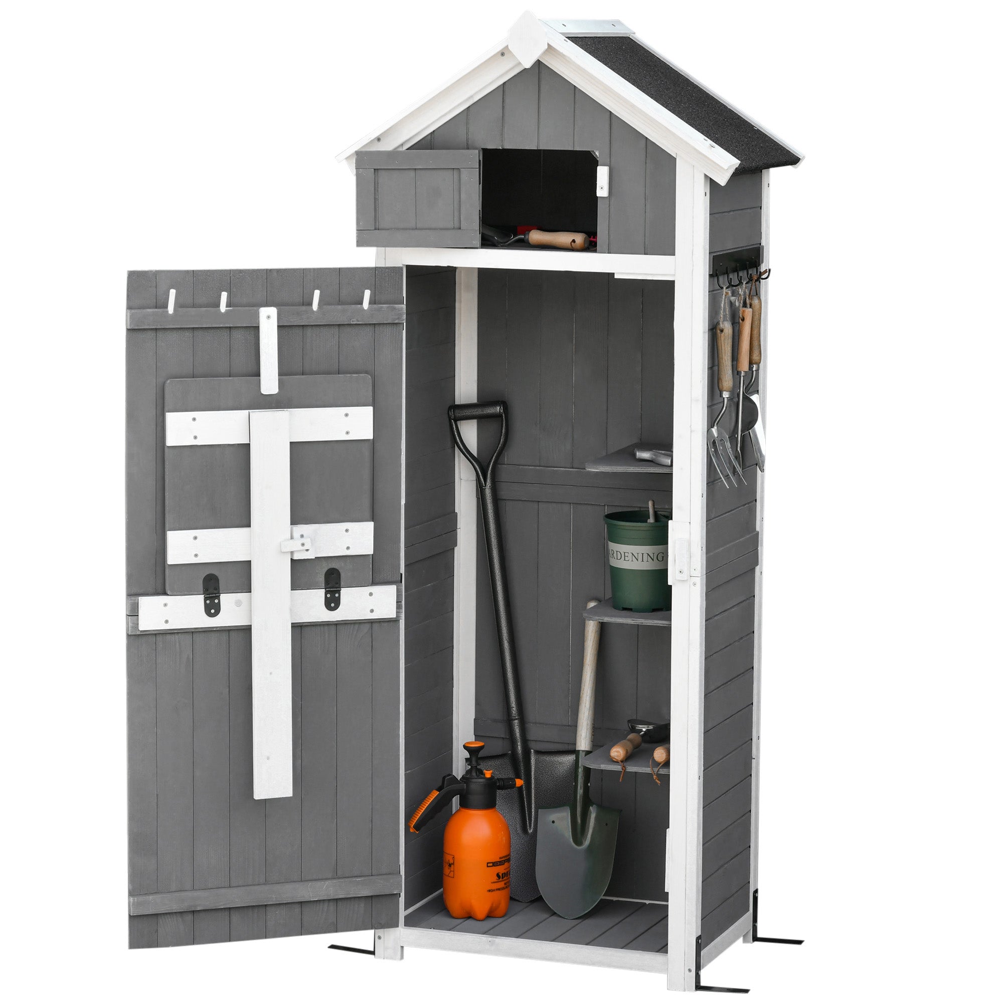 Wooden Garden Cabinet, Weatherproof Tool Shed 78x52.5x182cm, Outdoor Storage House with Door, Gable Roof, Tool Cabinet with Hooks, Foldable Table, Tool Shed for Garden, Terrace, Grey