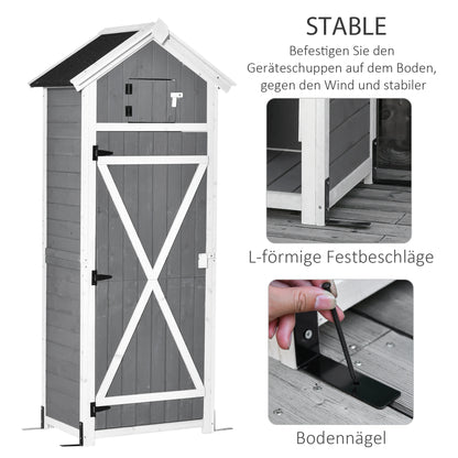 Wooden Garden Cabinet, Weatherproof Tool Shed 78x52.5x182cm, Outdoor Storage House with Door, Gable Roof, Tool Cabinet with Hooks, Foldable Table, Tool Shed for Garden, Terrace, Grey