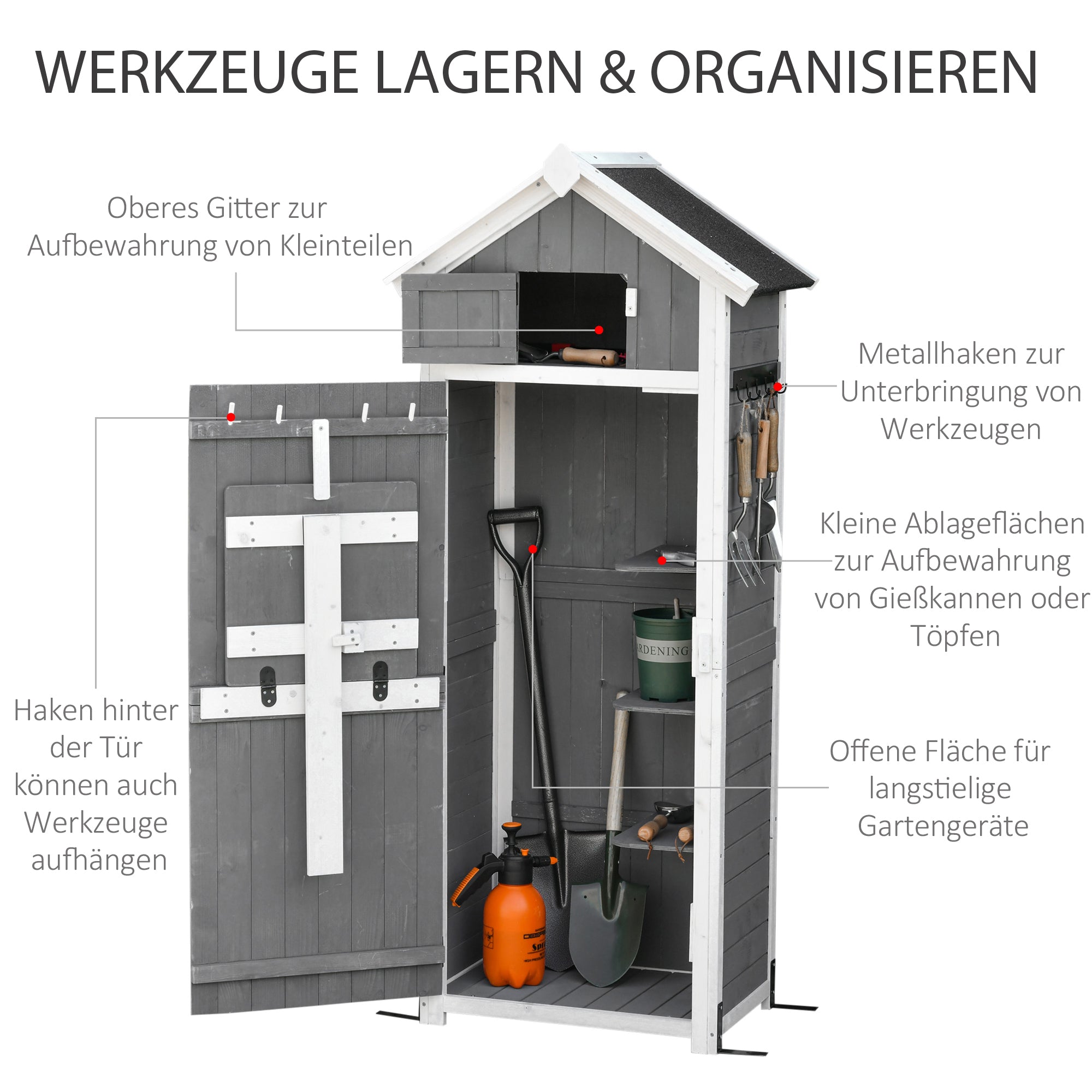 Wooden Garden Cabinet, Weatherproof Tool Shed 78x52.5x182cm, Outdoor Storage House with Door, Gable Roof, Tool Cabinet with Hooks, Foldable Table, Tool Shed for Garden, Terrace, Grey