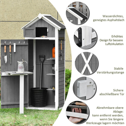 Wooden Garden Cabinet, Weatherproof Tool Shed 78x52.5x182cm, Outdoor Storage House with Door, Gable Roof, Tool Cabinet with Hooks, Foldable Table, Tool Shed for Garden, Terrace, Grey