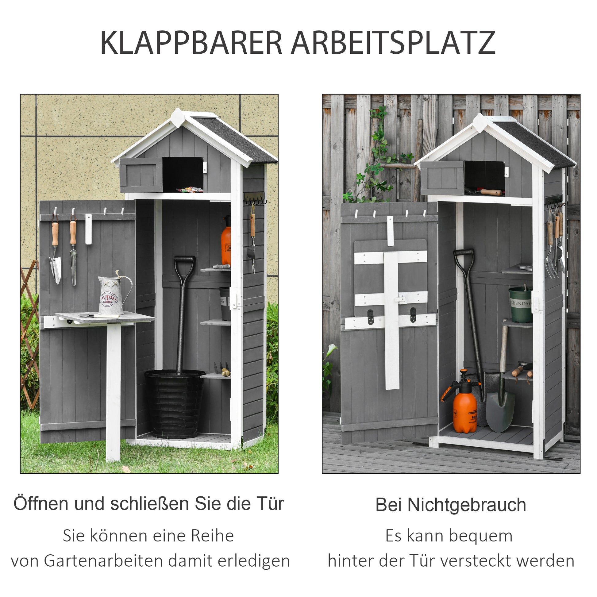 Wooden Garden Cabinet, Weatherproof Tool Shed 78x52.5x182cm, Outdoor Storage House with Door, Gable Roof, Tool Cabinet with Hooks, Foldable Table, Tool Shed for Garden, Terrace, Grey