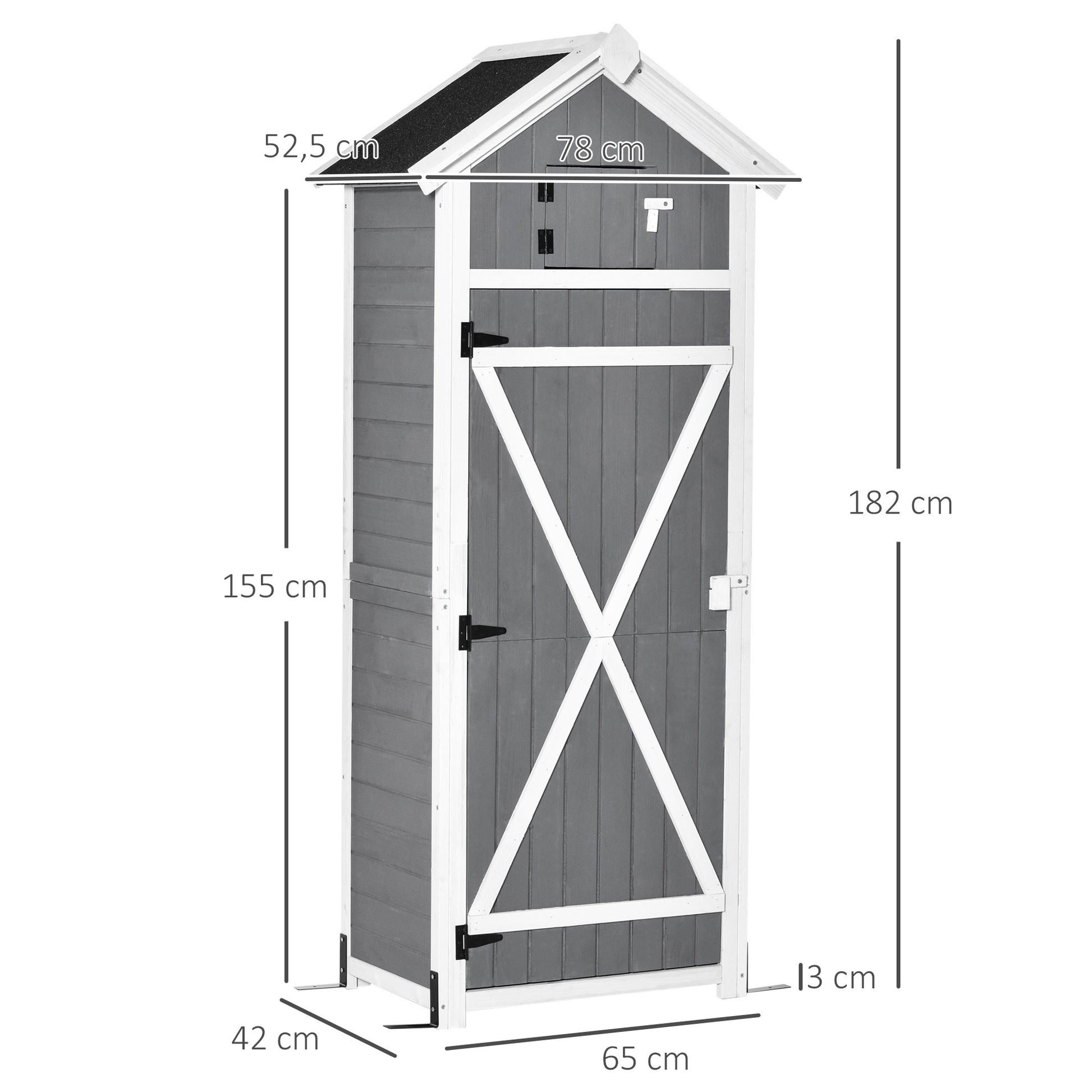Wooden Garden Cabinet, Weatherproof Tool Shed 78x52.5x182cm, Outdoor Storage House with Door, Gable Roof, Tool Cabinet with Hooks, Foldable Table, Tool Shed for Garden, Terrace, Grey