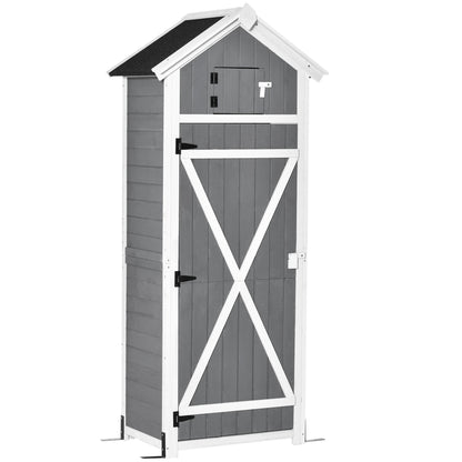 Wooden Garden Cabinet, Weatherproof Tool Shed 78x52.5x182cm, Outdoor Storage House with Door, Gable Roof, Tool Cabinet with Hooks, Foldable Table, Tool Shed for Garden, Terrace, Grey