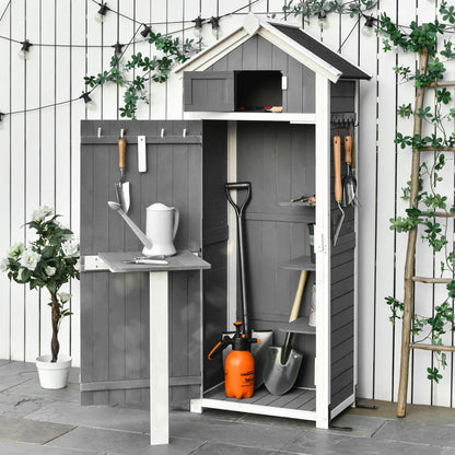 Wooden Garden Cabinet, Weatherproof Tool Shed 78x52.5x182cm, Outdoor Storage House with Door, Gable Roof, Tool Cabinet with Hooks, Foldable Table, Tool Shed for Garden, Terrace, Grey