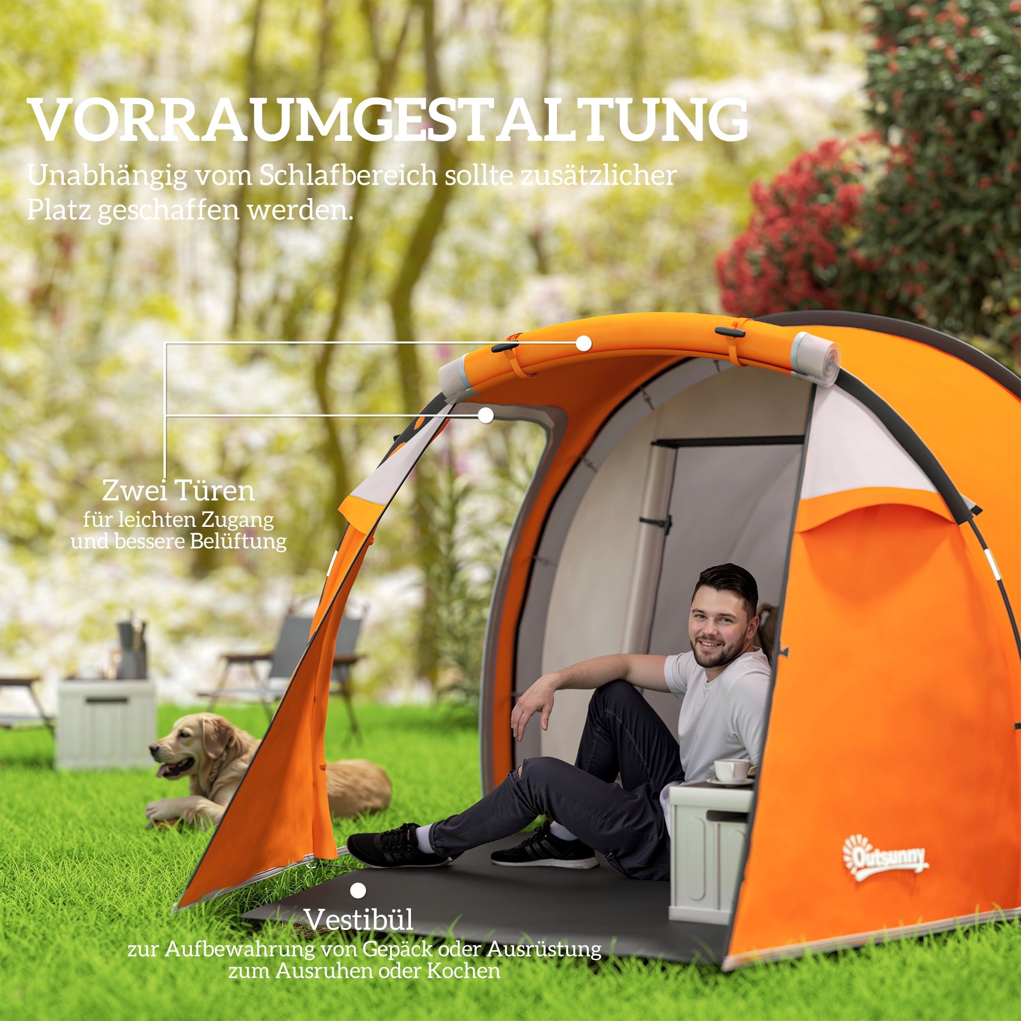 Tunnel Tent for 2–3 People, Camping Tent with Vestibule & Lantern Hook, 2000 mm Waterproof, Family/Group Tent for Travel, Trekking, Garden – Orange