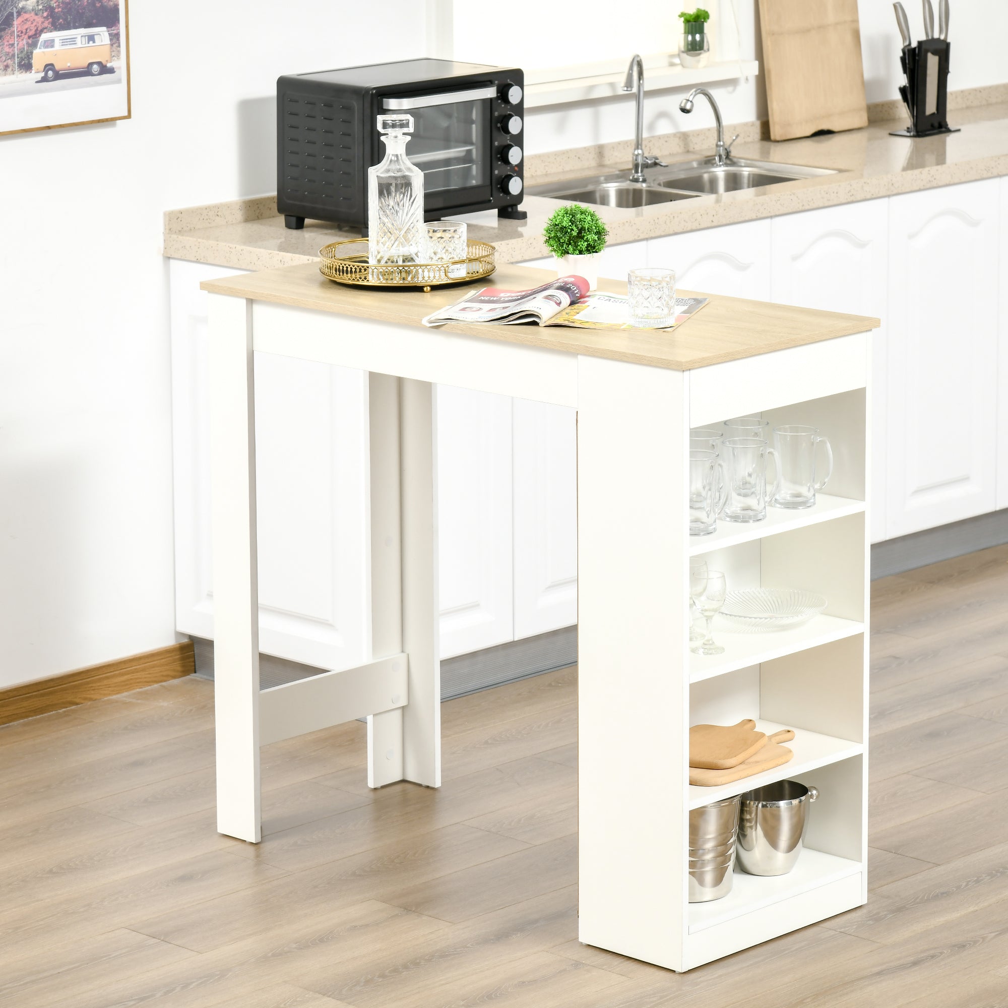 2-Person Bar Table, High Bistro Table with 4 Open Shelves for Small Spaces — Kitchen & Living Room, 45.3 x 19.7 x 40.4 in, Modern, White & Natural Wood