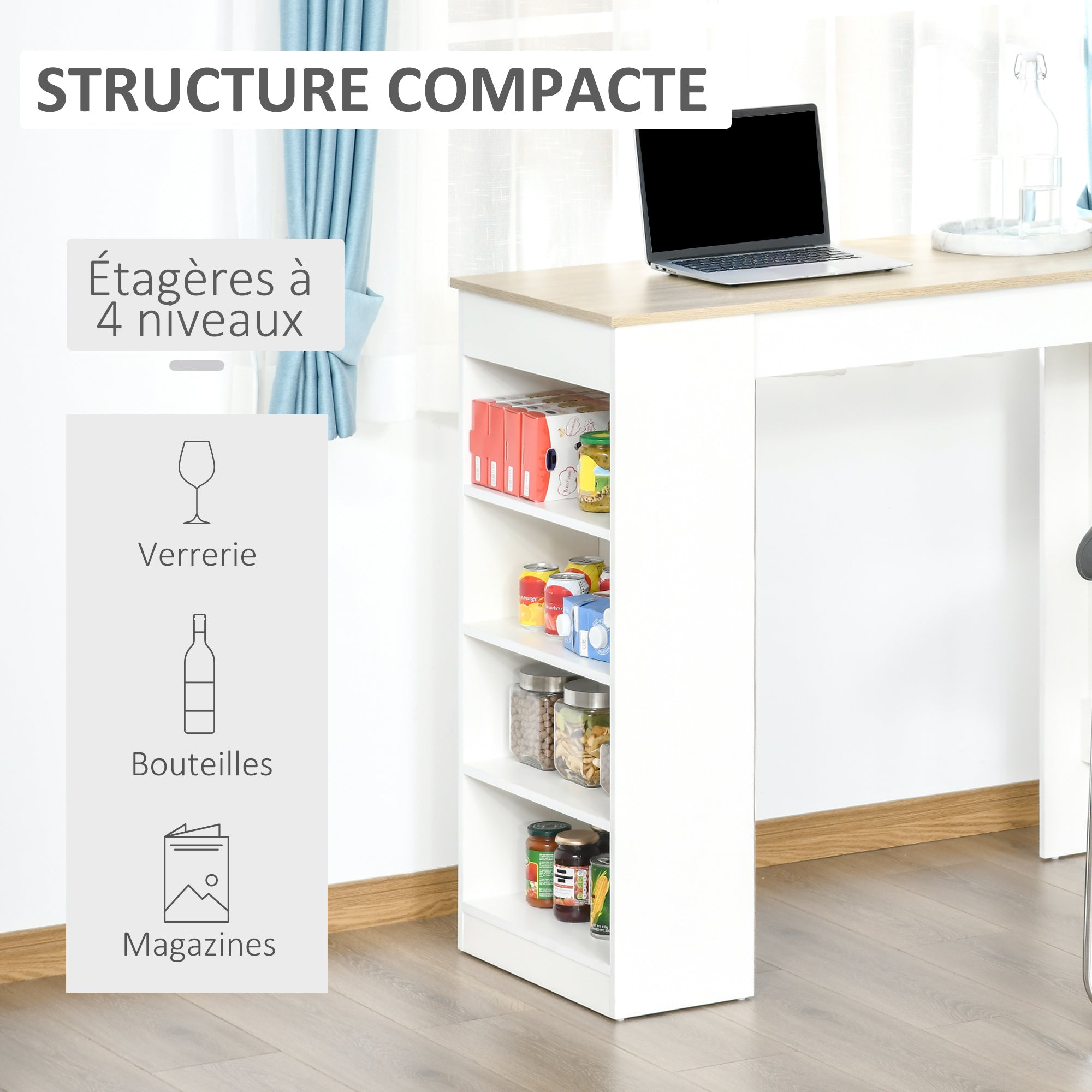 2-Person Bar Table, High Bistro Table with 4 Open Shelves for Small Spaces — Kitchen & Living Room, 45.3 x 19.7 x 40.4 in, Modern, White & Natural Wood