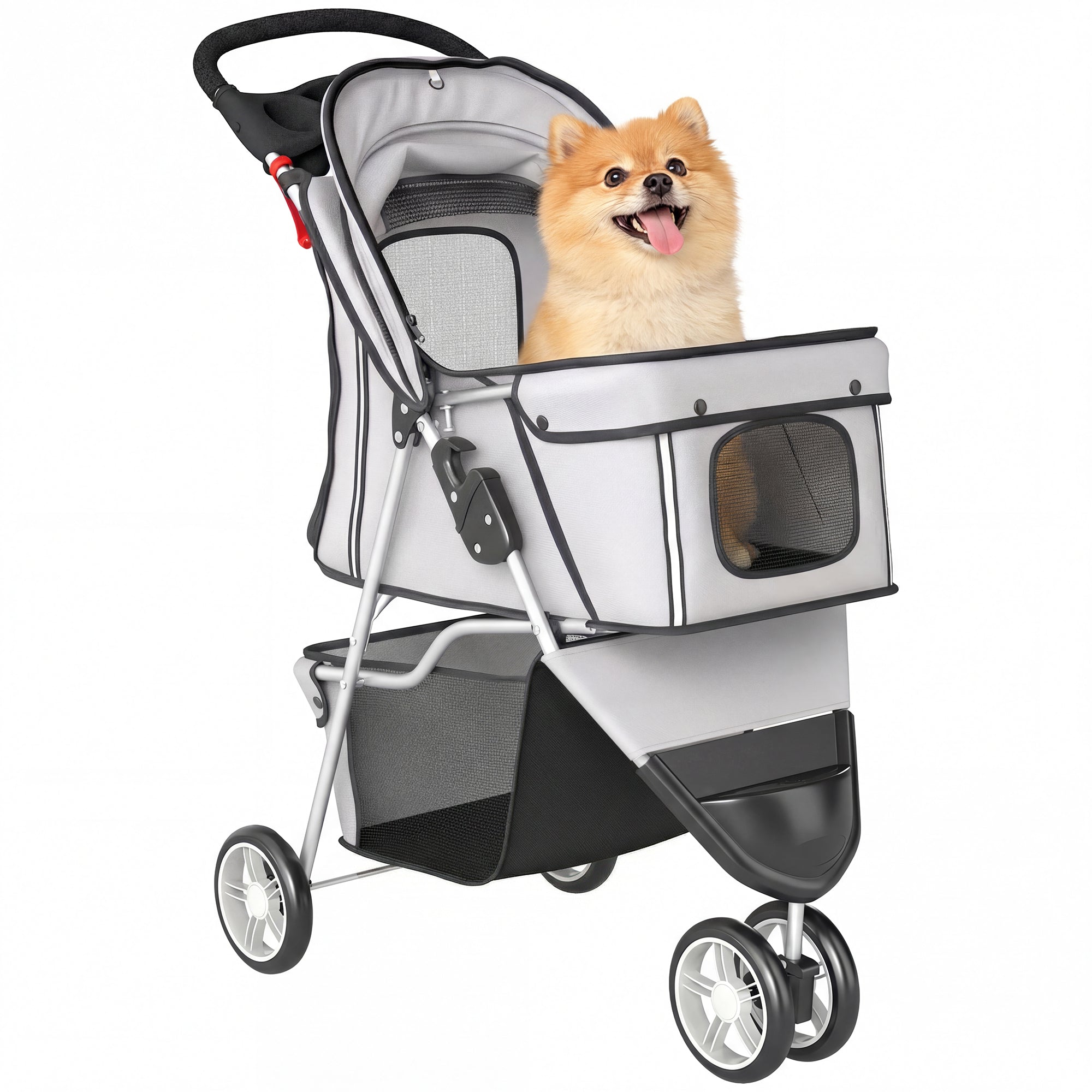 Foldable Pet Stroller, up to 22 lb, 3-Wheel Small Dog & Cat Stroller with Adjustable Canopy, Mesh Windows, Cup Holder, EVA Wheels & Brakes — Light Gray