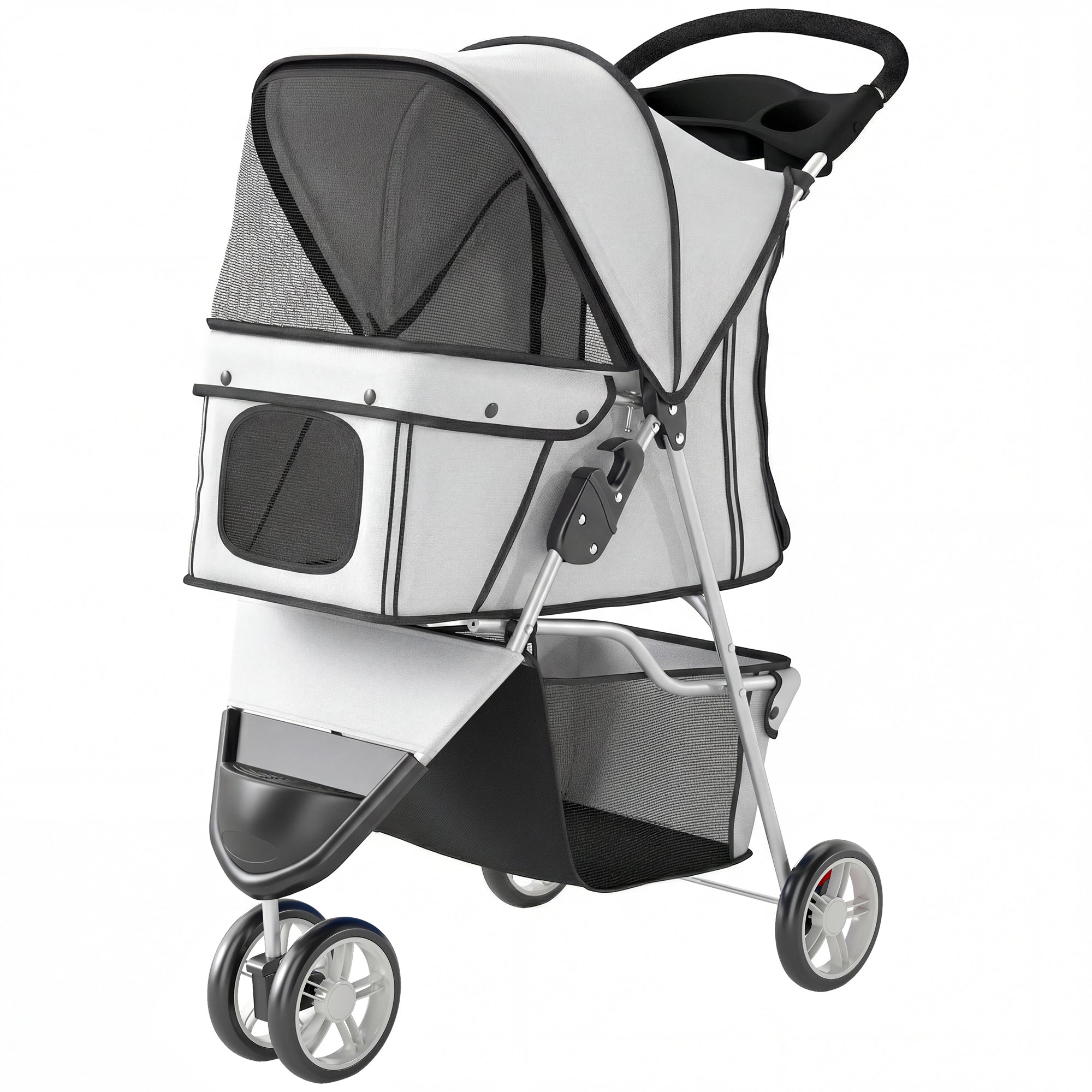 Foldable Pet Stroller, up to 22 lb, 3-Wheel Small Dog & Cat Stroller with Adjustable Canopy, Mesh Windows, Cup Holder, EVA Wheels & Brakes — Light Gray