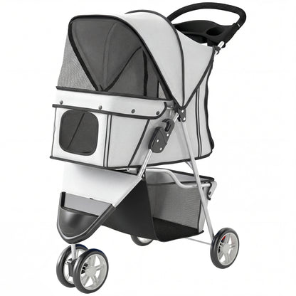 Foldable Pet Stroller, up to 22 lb, 3-Wheel Small Dog & Cat Stroller with Adjustable Canopy, Mesh Windows, Cup Holder, EVA Wheels & Brakes — Light Gray