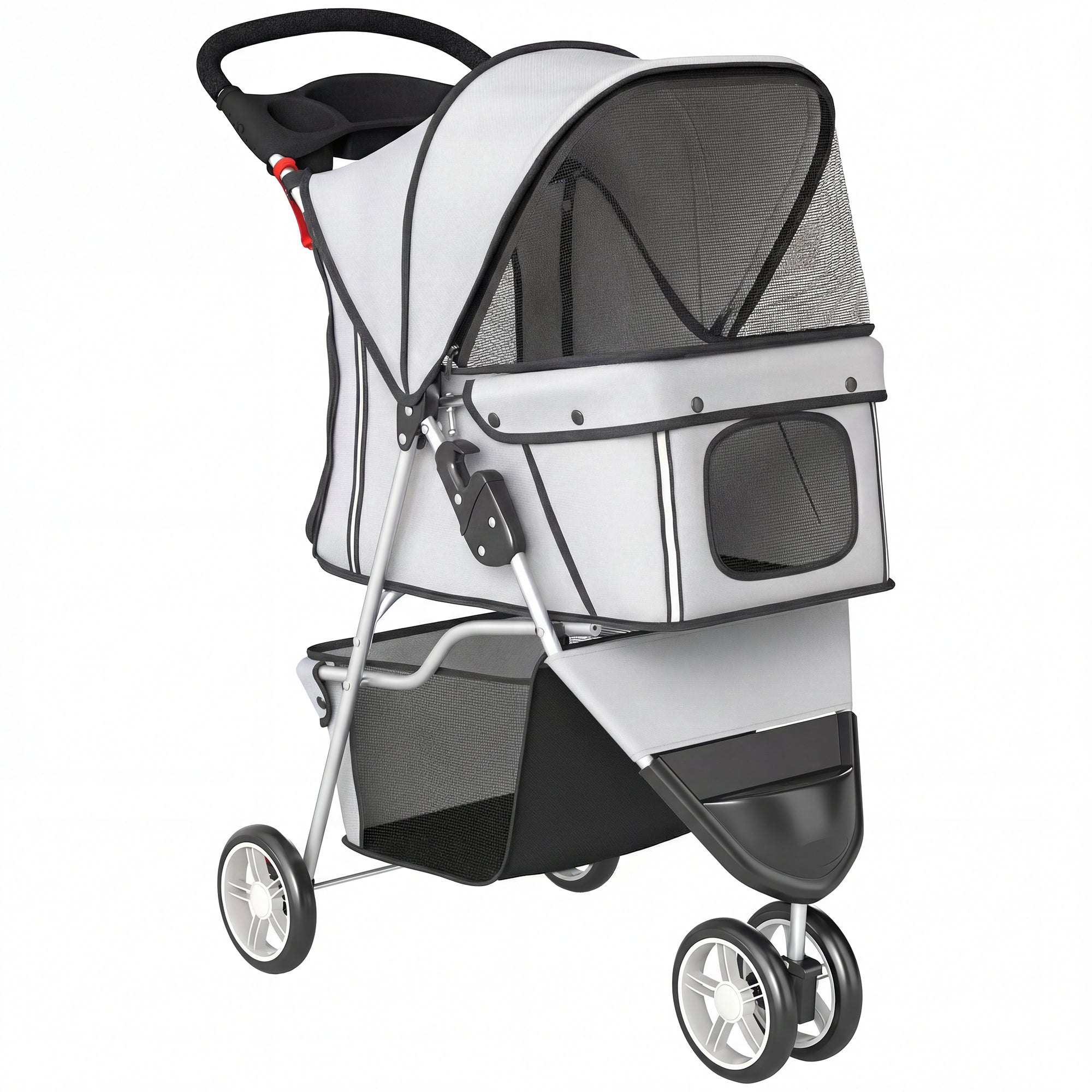 Foldable Pet Stroller, up to 22 lb, 3-Wheel Small Dog & Cat Stroller with Adjustable Canopy, Mesh Windows, Cup Holder, EVA Wheels & Brakes — Light Gray
