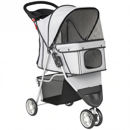 Foldable Pet Stroller, up to 22 lb, 3-Wheel Small Dog & Cat Stroller with Adjustable Canopy, Mesh Windows, Cup Holder, EVA Wheels & Brakes — Light Gray
