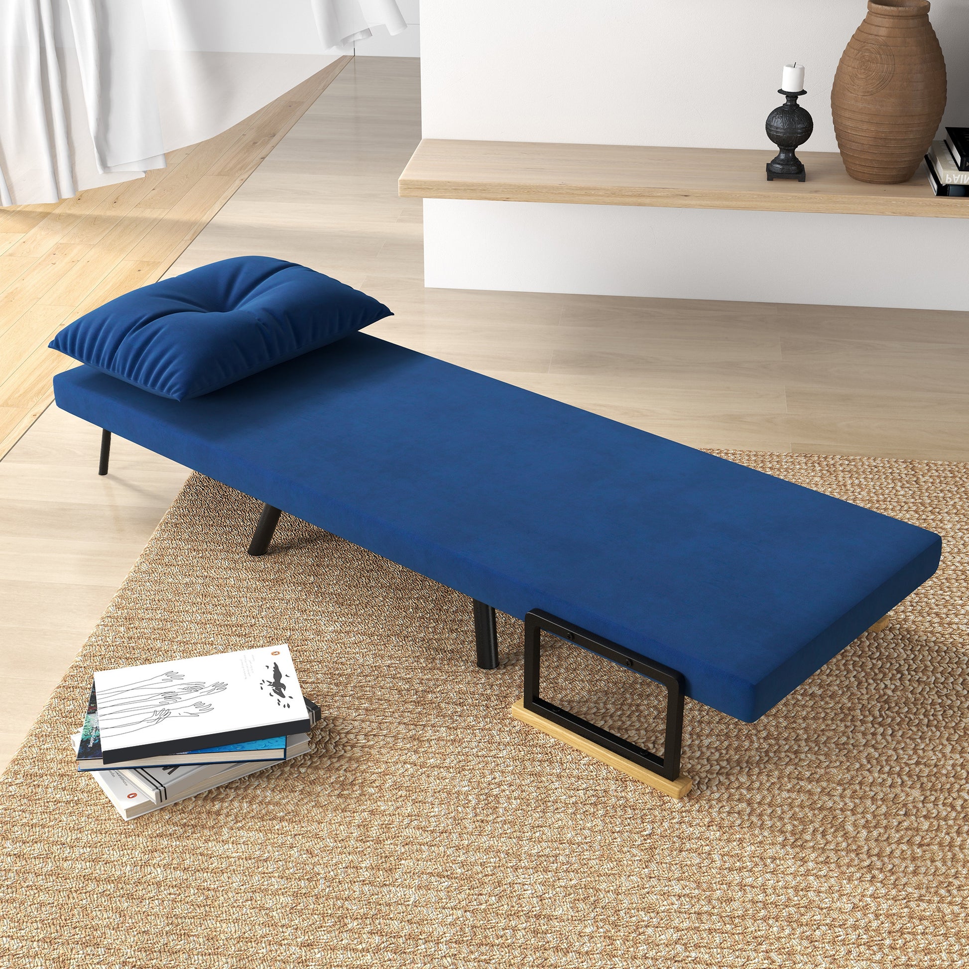 Adjustable Backrest Sofa Bed in 5 Levels, Foldable Sofa Bed with Cushions for Living Room, Upholstered Fabric, Steel and Wood, 63x73x81 cm, Blue