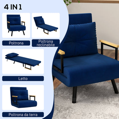 Adjustable Backrest Sofa Bed in 5 Levels, Foldable Sofa Bed with Cushions for Living Room, Upholstered Fabric, Steel and Wood, 63x73x81 cm, Blue