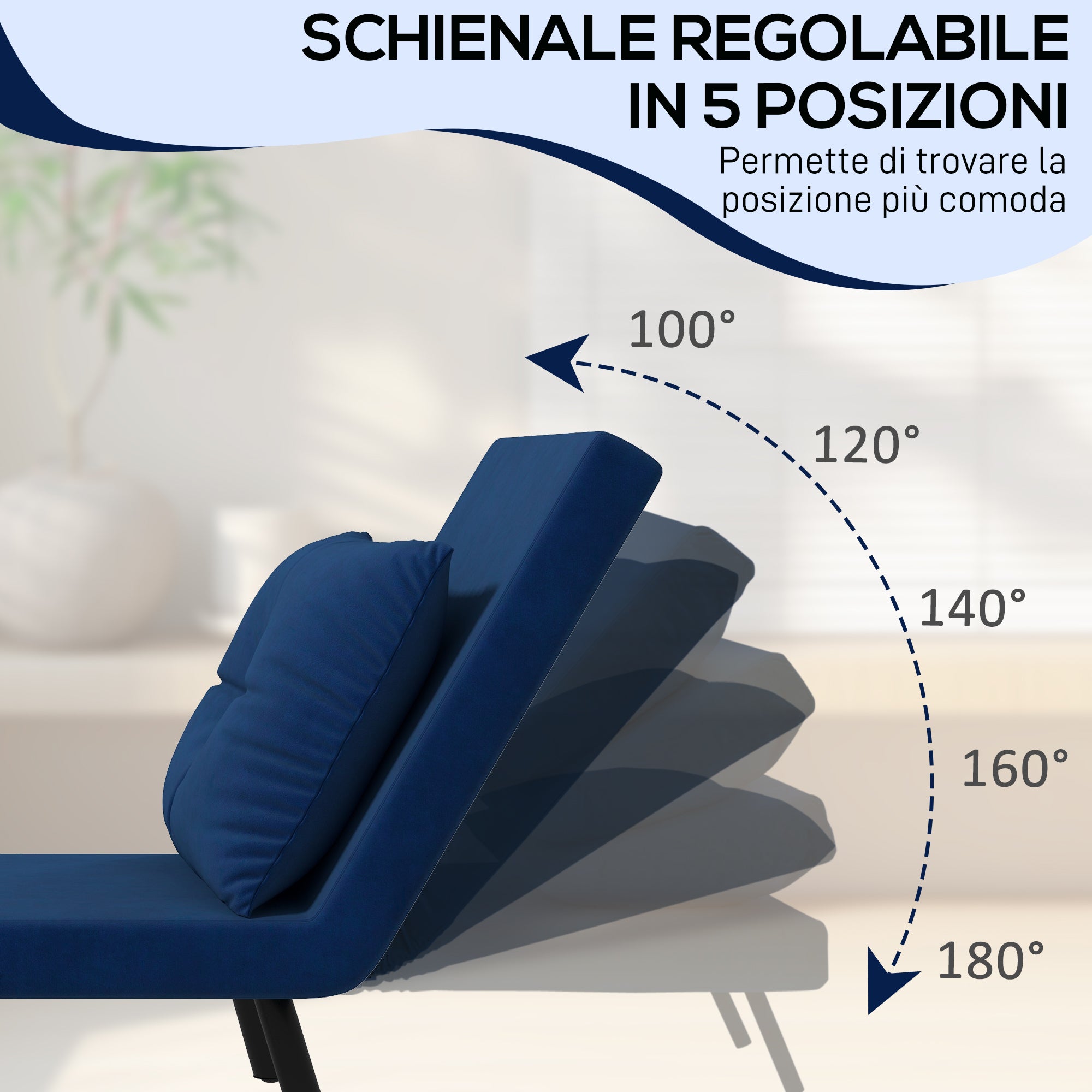 Adjustable Backrest Sofa Bed in 5 Levels, Foldable Sofa Bed with Cushions for Living Room, Upholstered Fabric, Steel and Wood, 63x73x81 cm, Blue