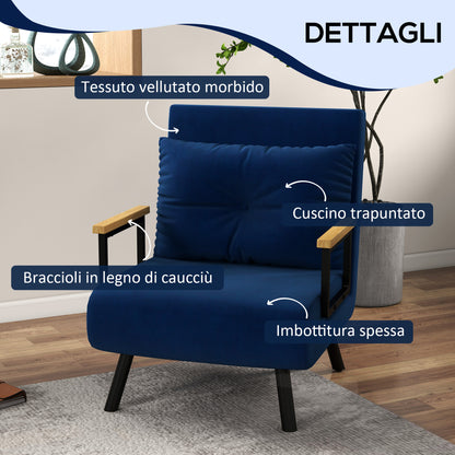 Adjustable Backrest Sofa Bed in 5 Levels, Foldable Sofa Bed with Cushions for Living Room, Upholstered Fabric, Steel and Wood, 63x73x81 cm, Blue
