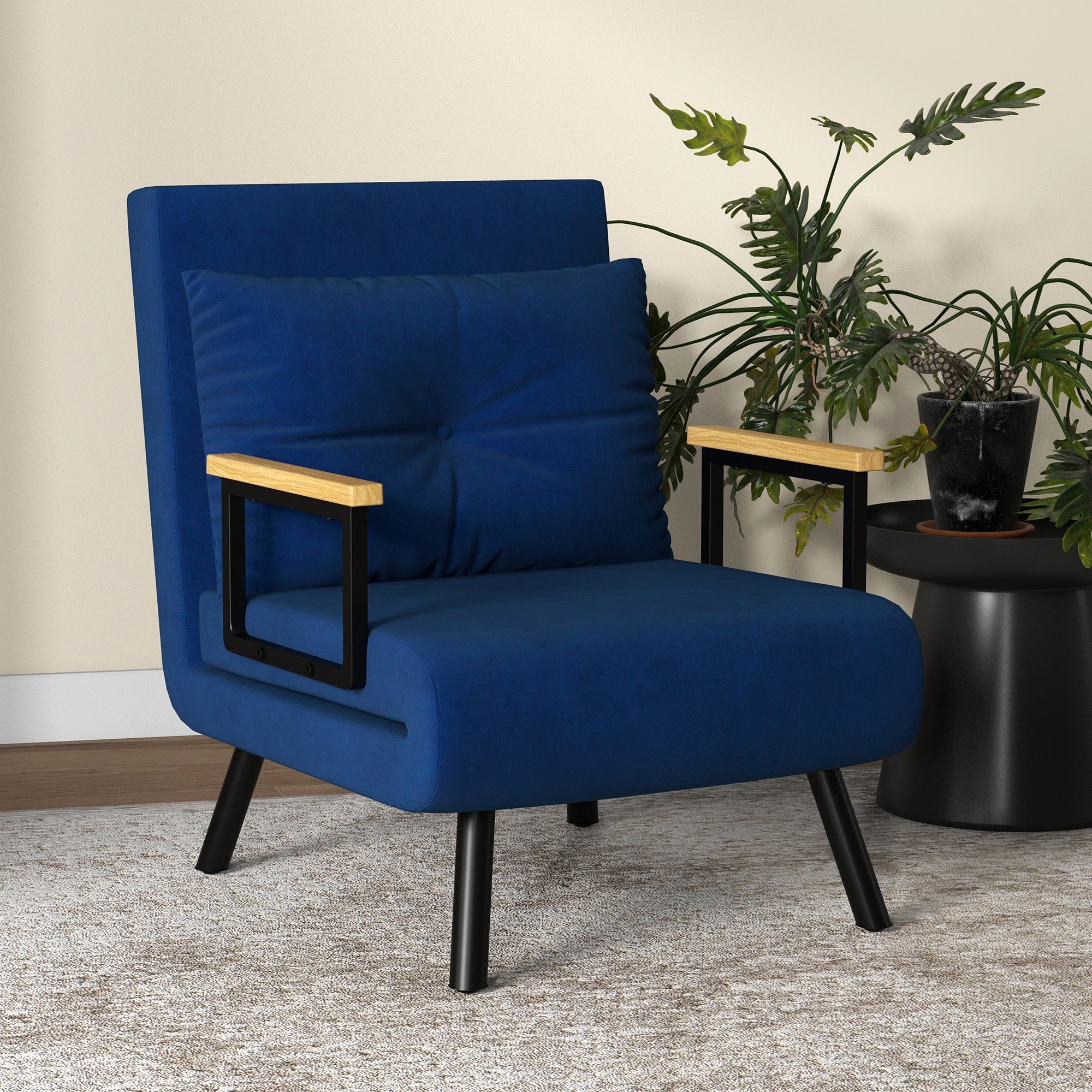 Adjustable Backrest Sofa Bed in 5 Levels, Foldable Sofa Bed with Cushions for Living Room, Upholstered Fabric, Steel and Wood, 63x73x81 cm, Blue