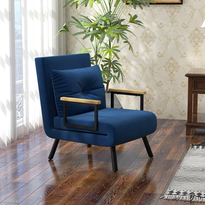 Adjustable Backrest Sofa Bed in 5 Levels, Foldable Sofa Bed with Cushions for Living Room, Upholstered Fabric, Steel and Wood, 63x73x81 cm, Blue