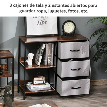 Fabric Dresser with 3 Foldable Drawers and 2 Shelves Industrial Style for Bedroom Living Room Hallway 31.5x11.4x28 inches Walnut and Light Gray
