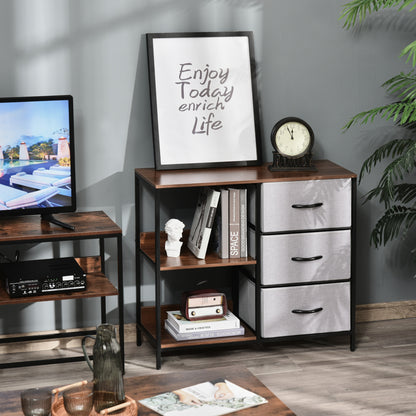 Fabric Dresser with 3 Foldable Drawers and 2 Shelves Industrial Style for Bedroom Living Room Hallway 31.5x11.4x28 inches Walnut and Light Gray