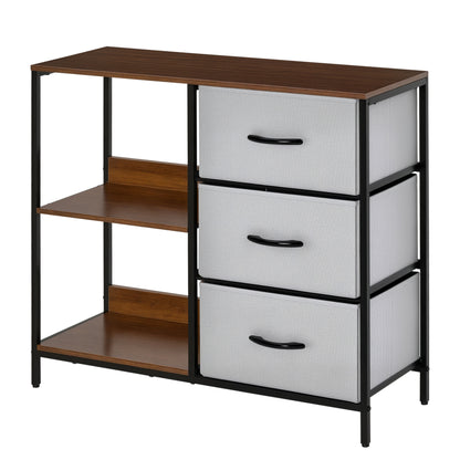 Fabric Dresser with 3 Foldable Drawers and 2 Shelves Industrial Style for Bedroom Living Room Hallway 31.5x11.4x28 inches Walnut and Light Gray