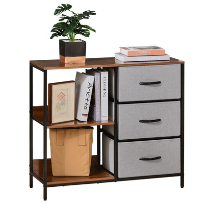 Fabric Dresser with 3 Foldable Drawers and 2 Shelves Industrial Style for Bedroom Living Room Hallway 31.5x11.4x28 inches Walnut and Light Gray