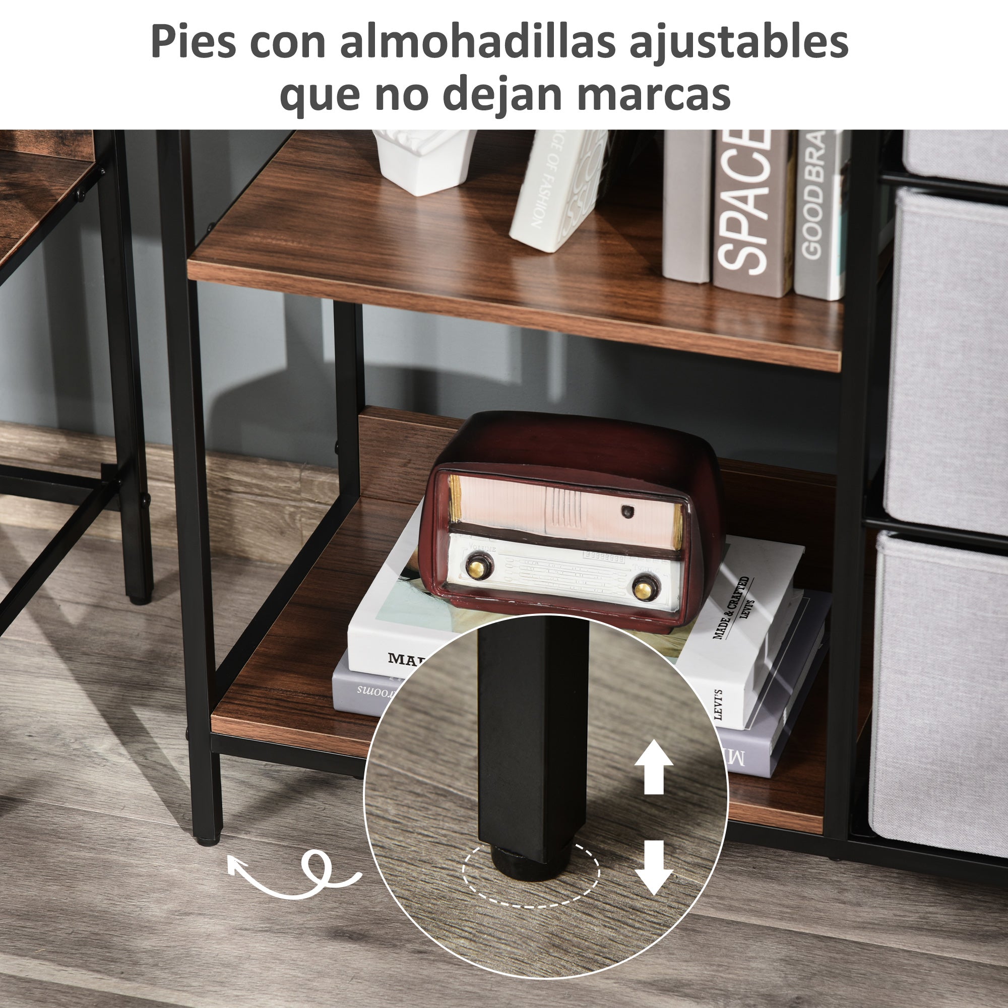 Fabric Dresser with 3 Foldable Drawers and 2 Shelves Industrial Style for Bedroom Living Room Hallway 31.5x11.4x28 inches Walnut and Light Gray