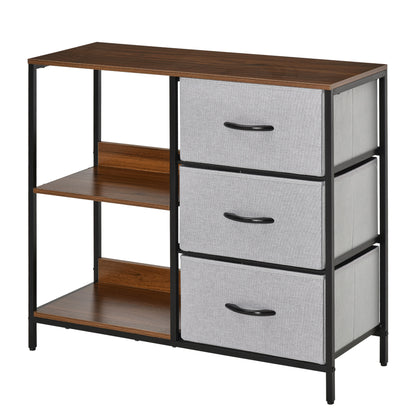 Fabric Dresser with 3 Foldable Drawers and 2 Shelves Industrial Style for Bedroom Living Room Hallway 31.5x11.4x28 inches Walnut and Light Gray
