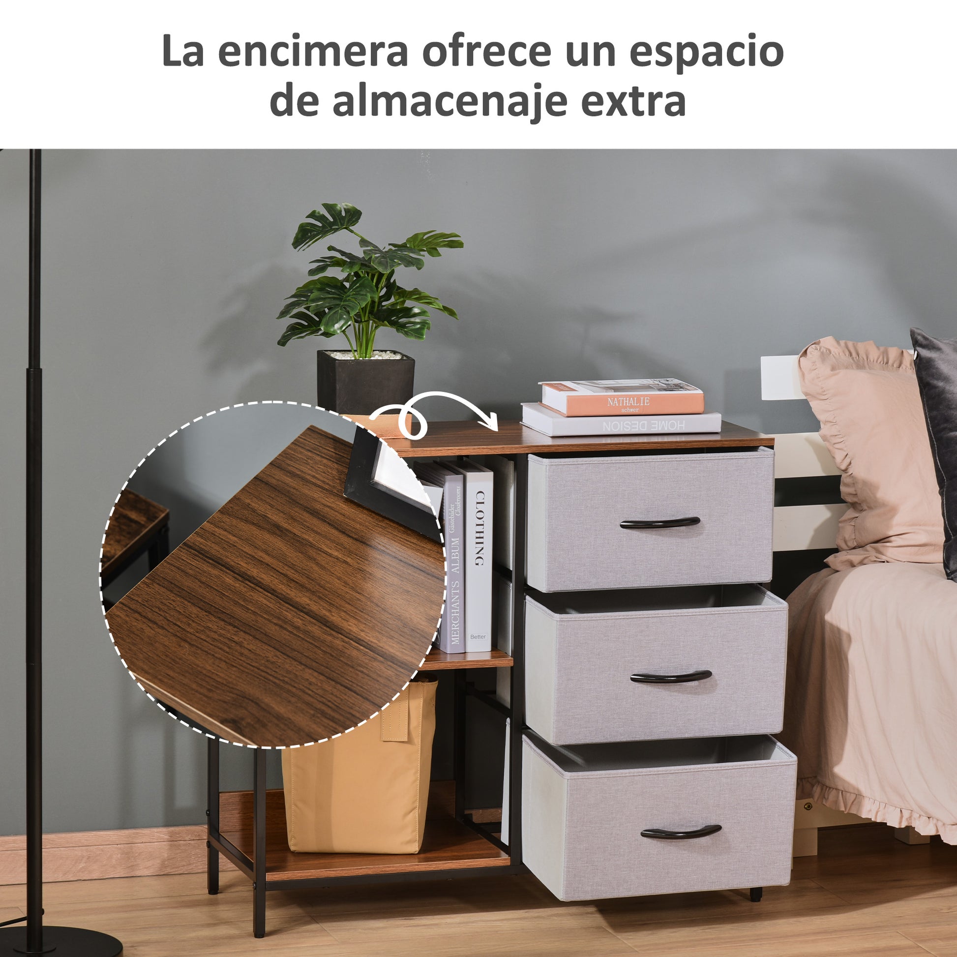 Fabric Dresser with 3 Foldable Drawers and 2 Shelves Industrial Style for Bedroom Living Room Hallway 31.5x11.4x28 inches Walnut and Light Gray