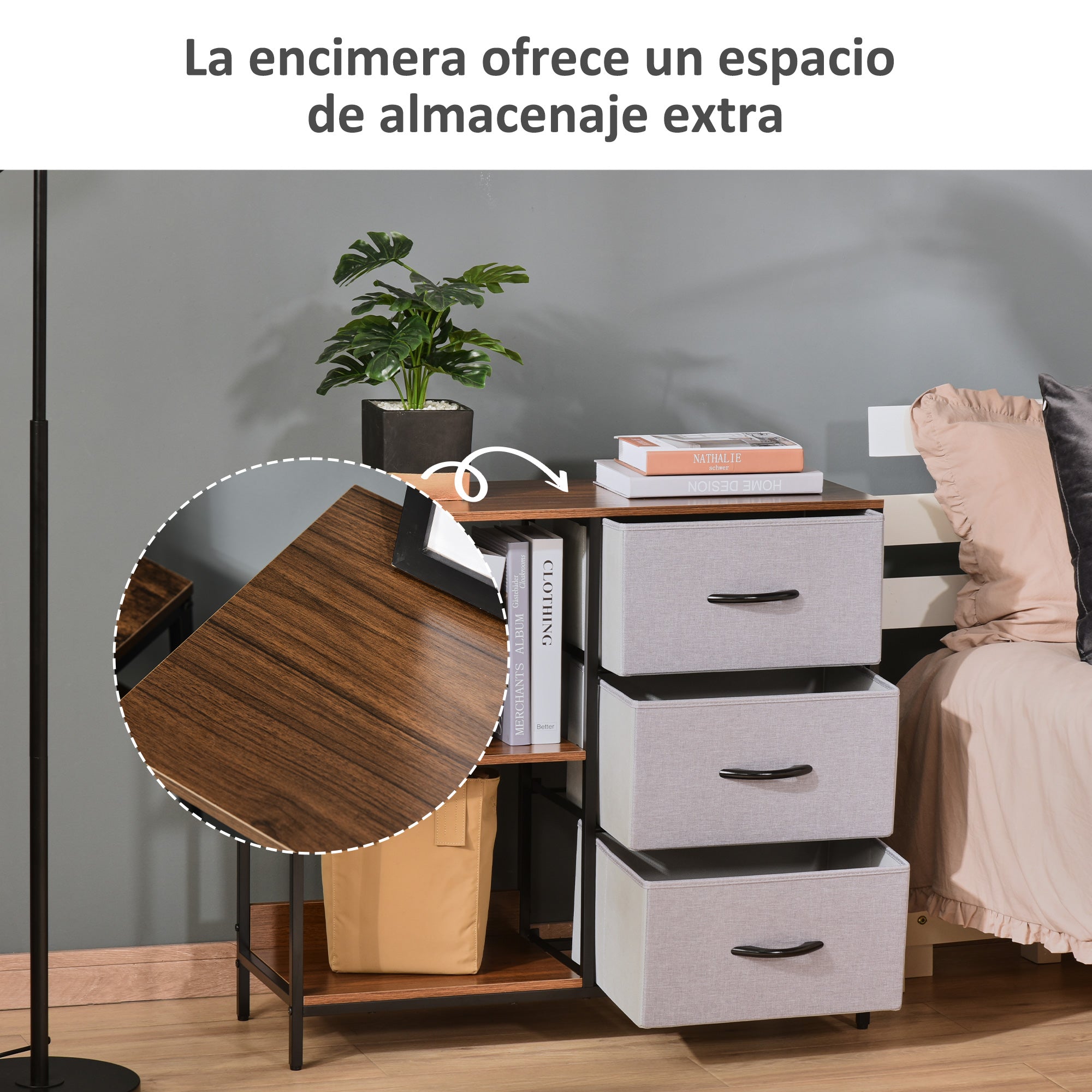 Fabric Dresser with 3 Foldable Drawers and 2 Shelves Industrial Style for Bedroom Living Room Hallway 31.5x11.4x28 inches Walnut and Light Gray