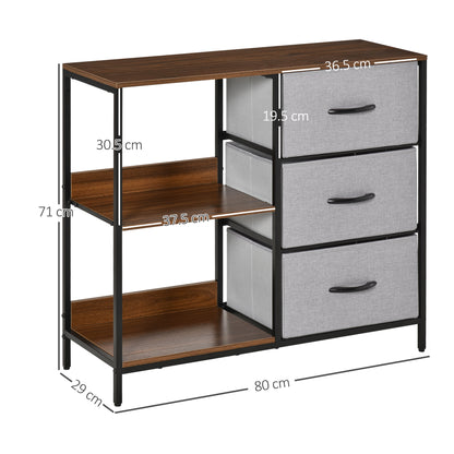 Fabric Dresser with 3 Foldable Drawers and 2 Shelves Industrial Style for Bedroom Living Room Hallway 31.5x11.4x28 inches Walnut and Light Gray