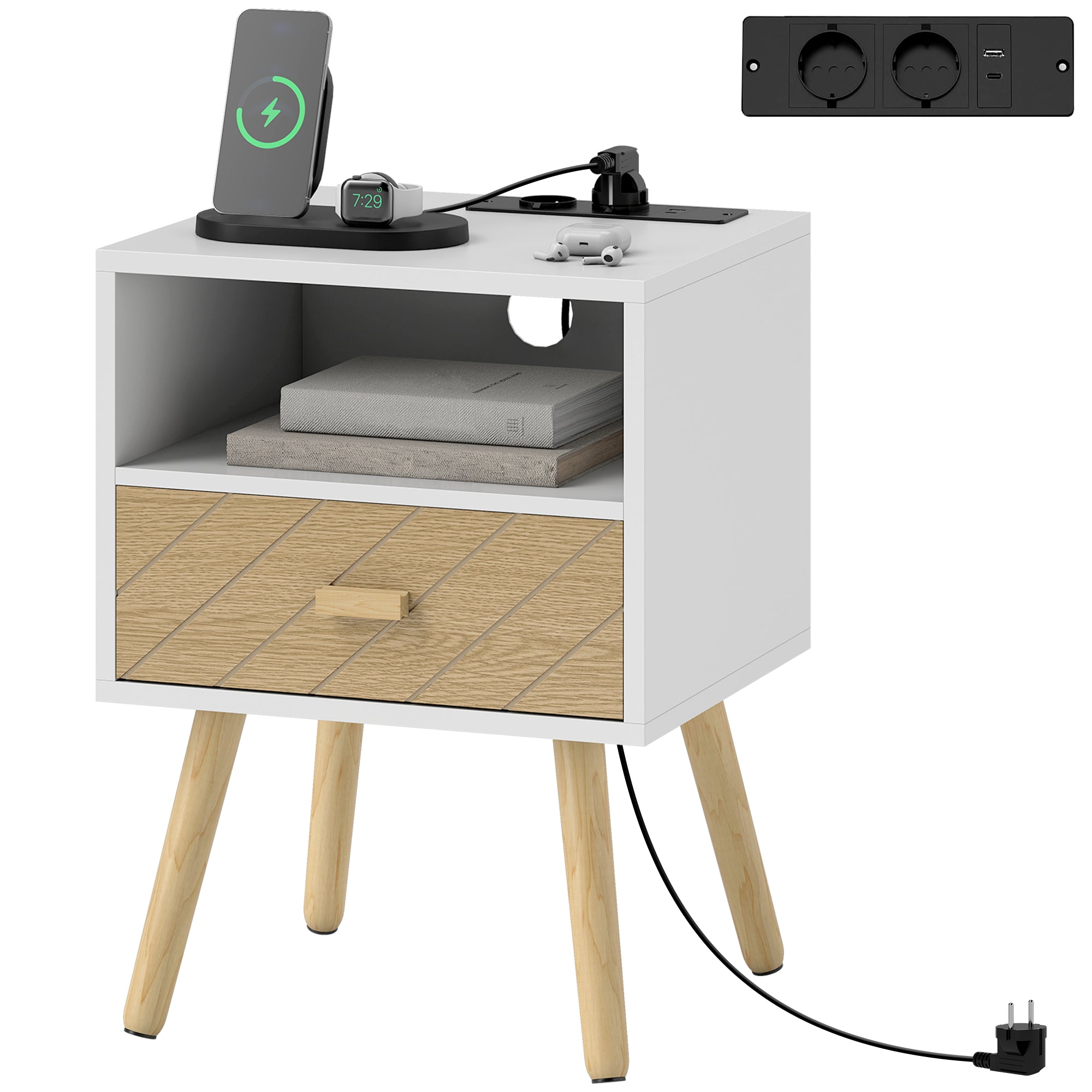 Nightstand with Charging Station, Drawer, 2 AC Outlets, USB & USB-C, Open Shelf, Pine Legs, White