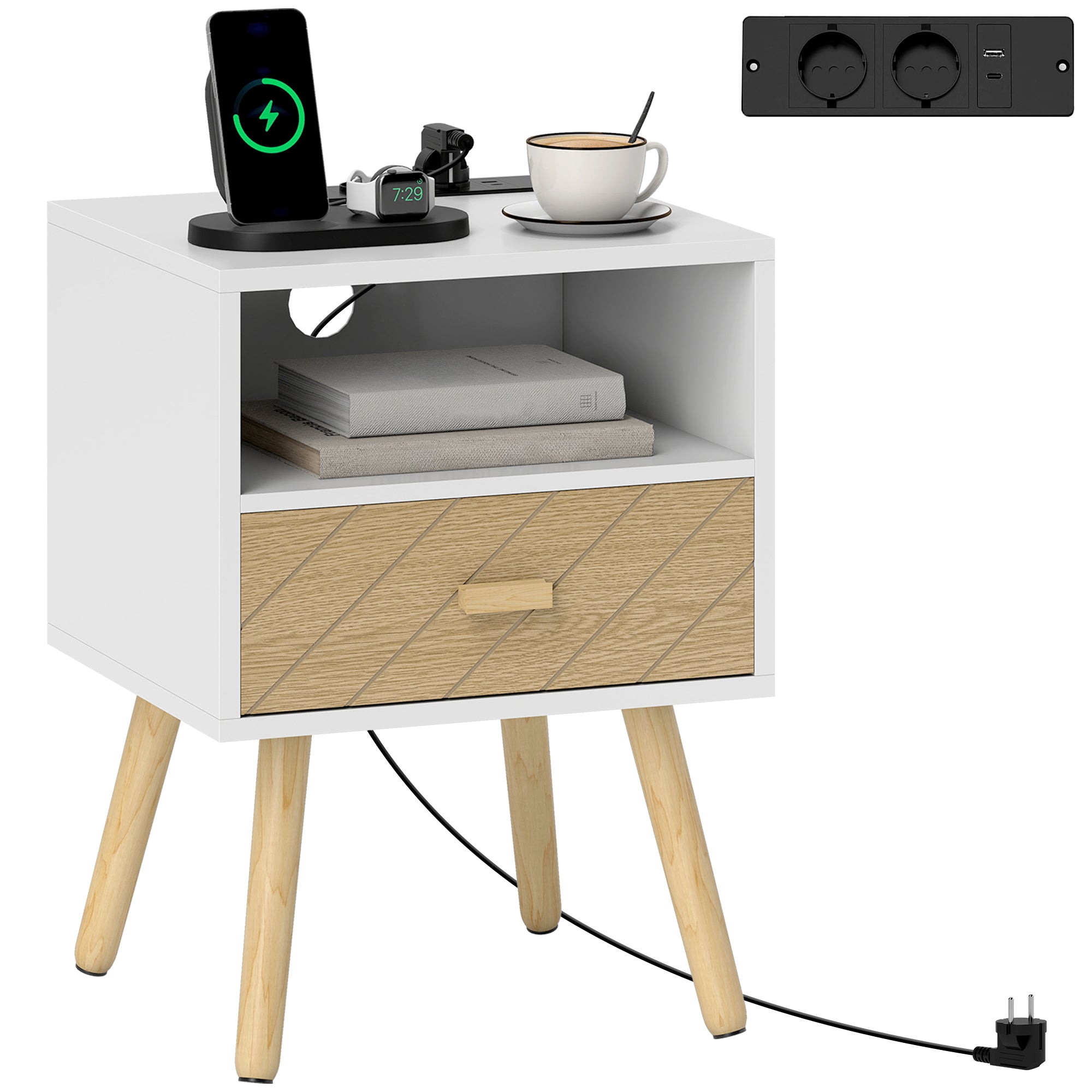 Nightstand with Charging Station, Drawer, 2 AC Outlets, USB & USB-C, Open Shelf, Pine Legs, White