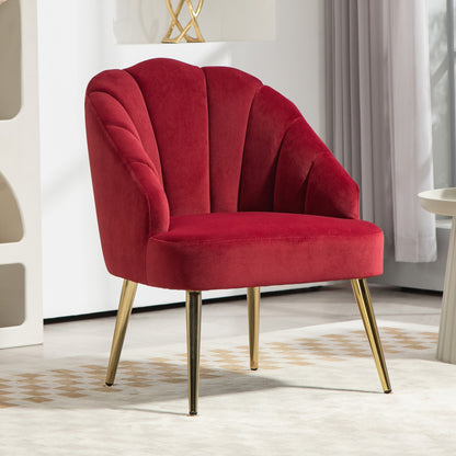 Upholstered Shell Back Armchair, Velvet Accent Chair with Golden Legs for Bedroom and Living Room, Red
