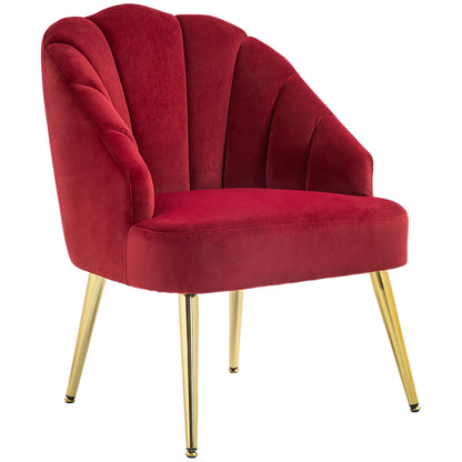 Upholstered Shell Back Armchair, Velvet Accent Chair with Golden Legs for Bedroom and Living Room, Red