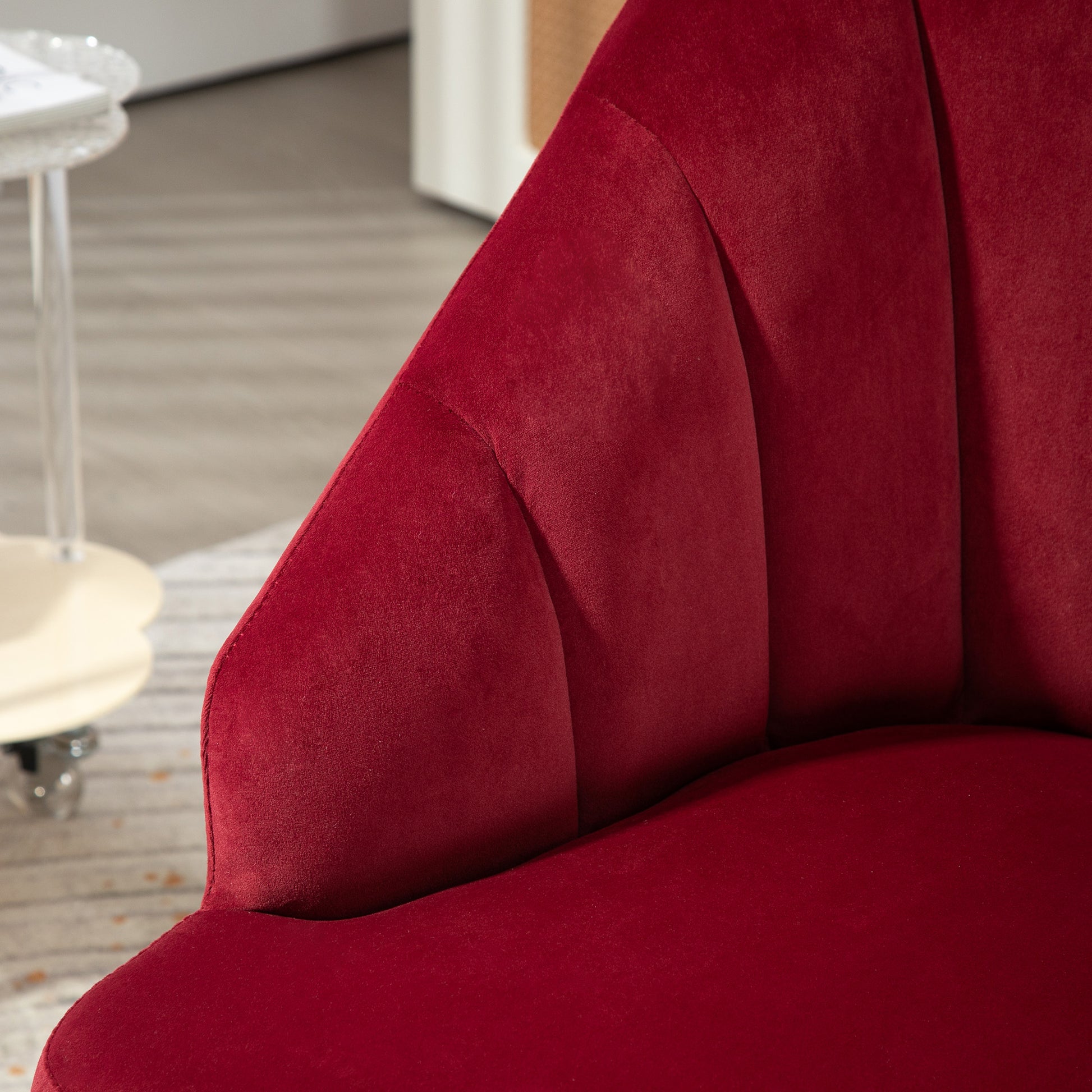 Upholstered Shell Back Armchair, Velvet Accent Chair with Golden Legs for Bedroom and Living Room, Red