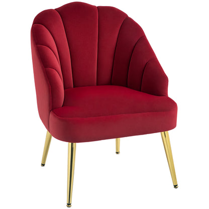 Upholstered Shell Back Armchair, Velvet Accent Chair with Golden Legs for Bedroom and Living Room, Red