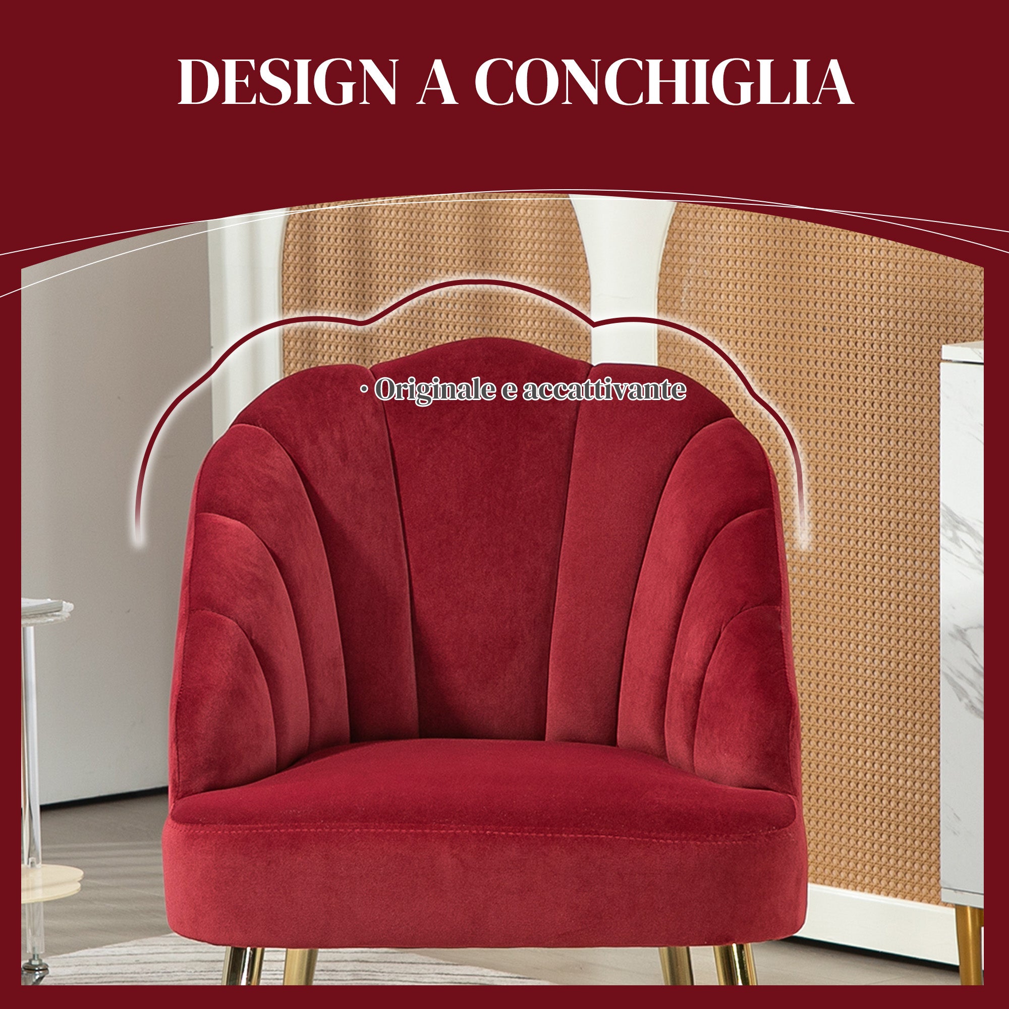 Upholstered Shell Back Armchair, Velvet Accent Chair with Golden Legs for Bedroom and Living Room, Red