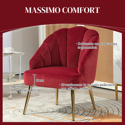 Upholstered Shell Back Armchair, Velvet Accent Chair with Golden Legs for Bedroom and Living Room, Red