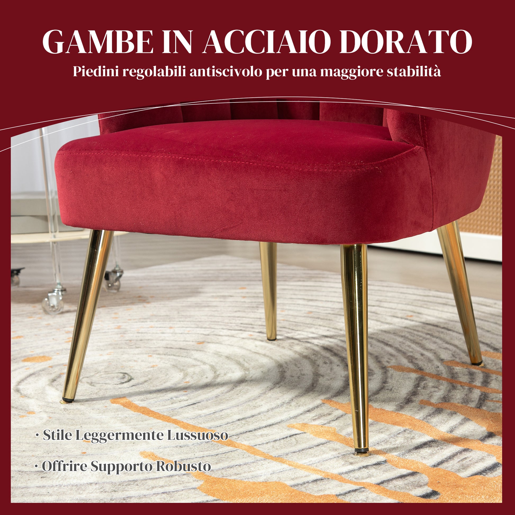 Upholstered Shell Back Armchair, Velvet Accent Chair with Golden Legs for Bedroom and Living Room, Red