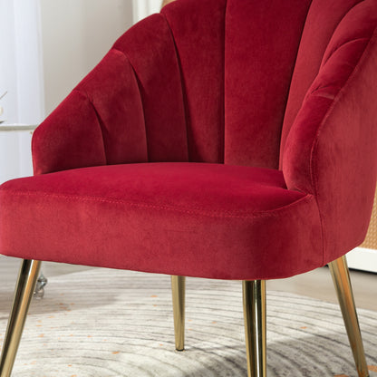 Upholstered Shell Back Armchair, Velvet Accent Chair with Golden Legs for Bedroom and Living Room, Red