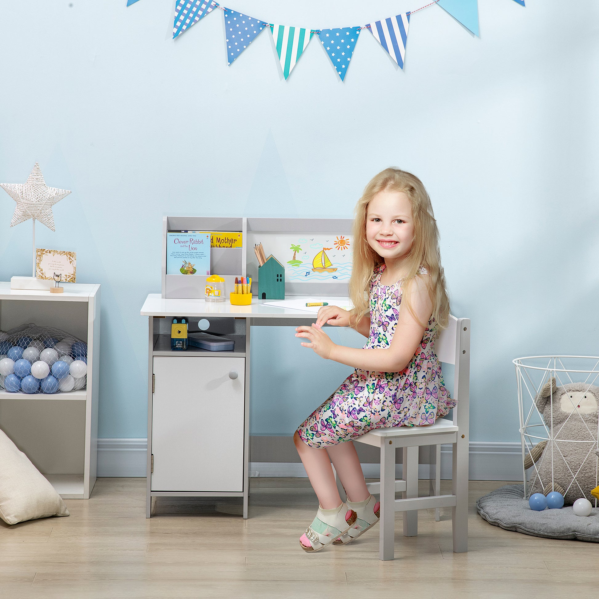 Kids Table and Chair Set with Whiteboard Wooden Study Desk for Children 5+ Years Kid's Writing Desk 90x45x85 cm Gray