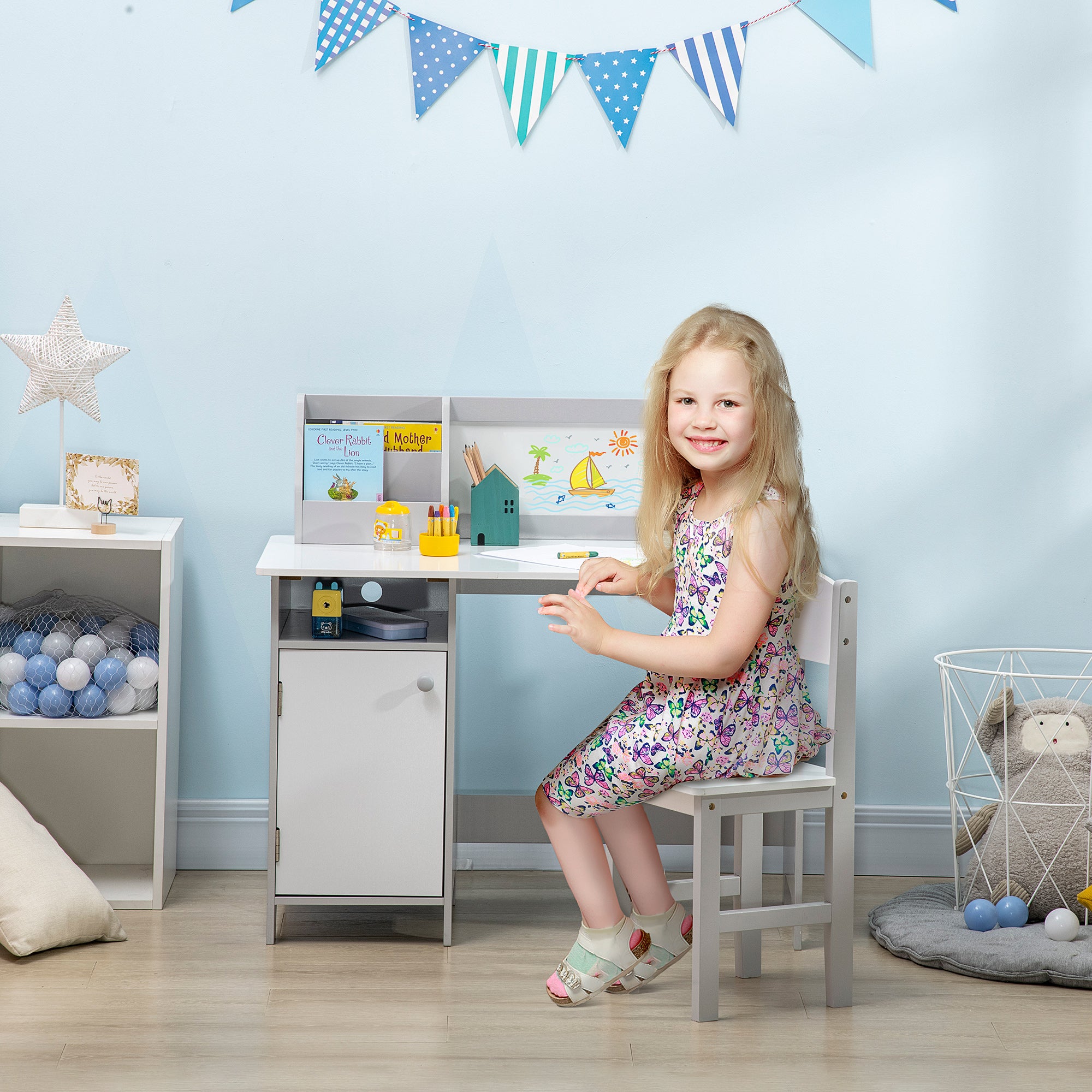 Kids Table and Chair Set with Whiteboard Wooden Study Desk for Children 5+ Years Kid's Writing Desk 90x45x85 cm Gray
