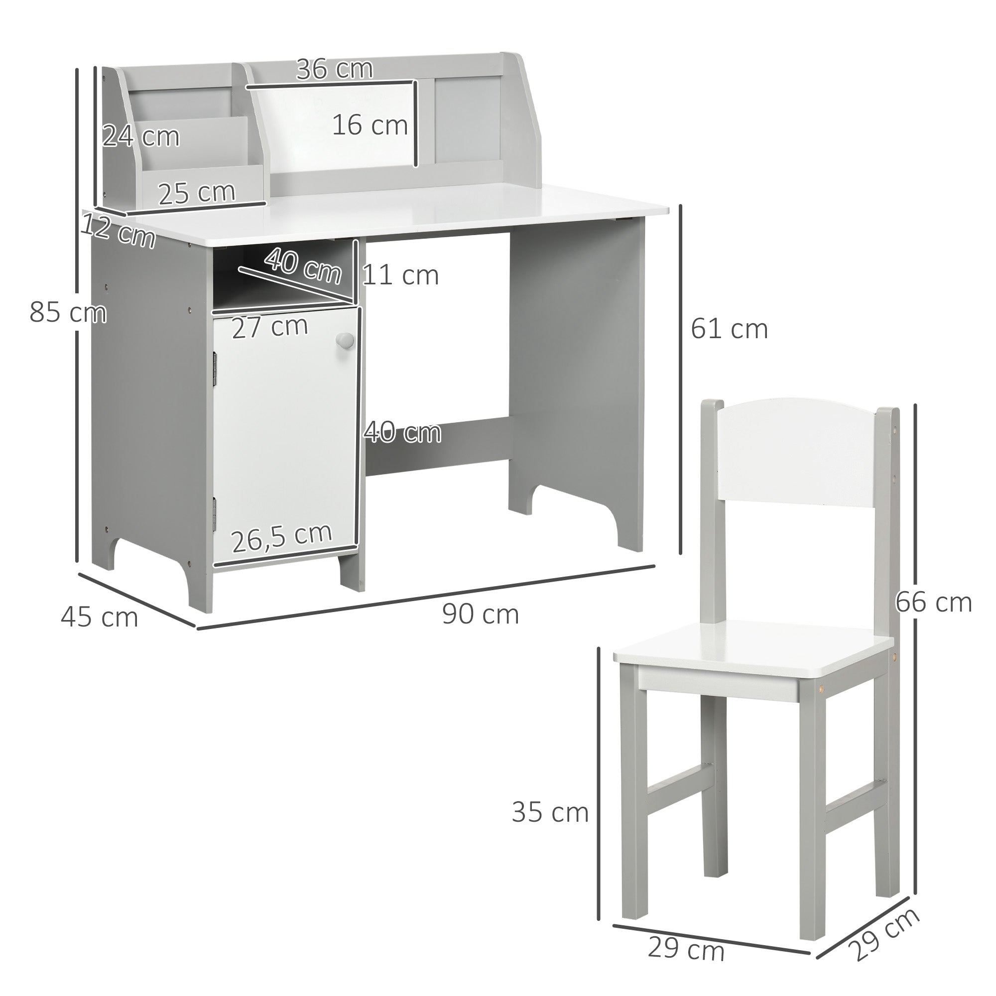Kids Table and Chair Set with Whiteboard Wooden Study Desk for Children 5+ Years Kid's Writing Desk 90x45x85 cm Gray
