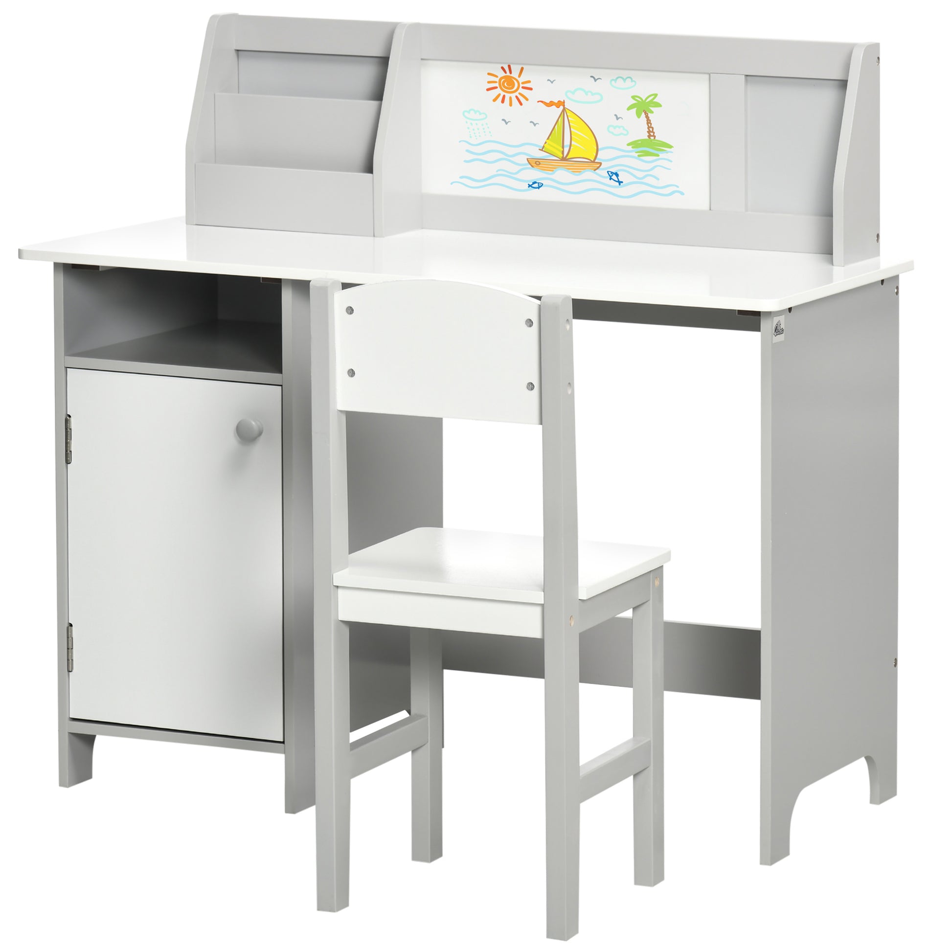 Kids Table and Chair Set with Whiteboard Wooden Study Desk for Children 5+ Years Kid's Writing Desk 90x45x85 cm Gray