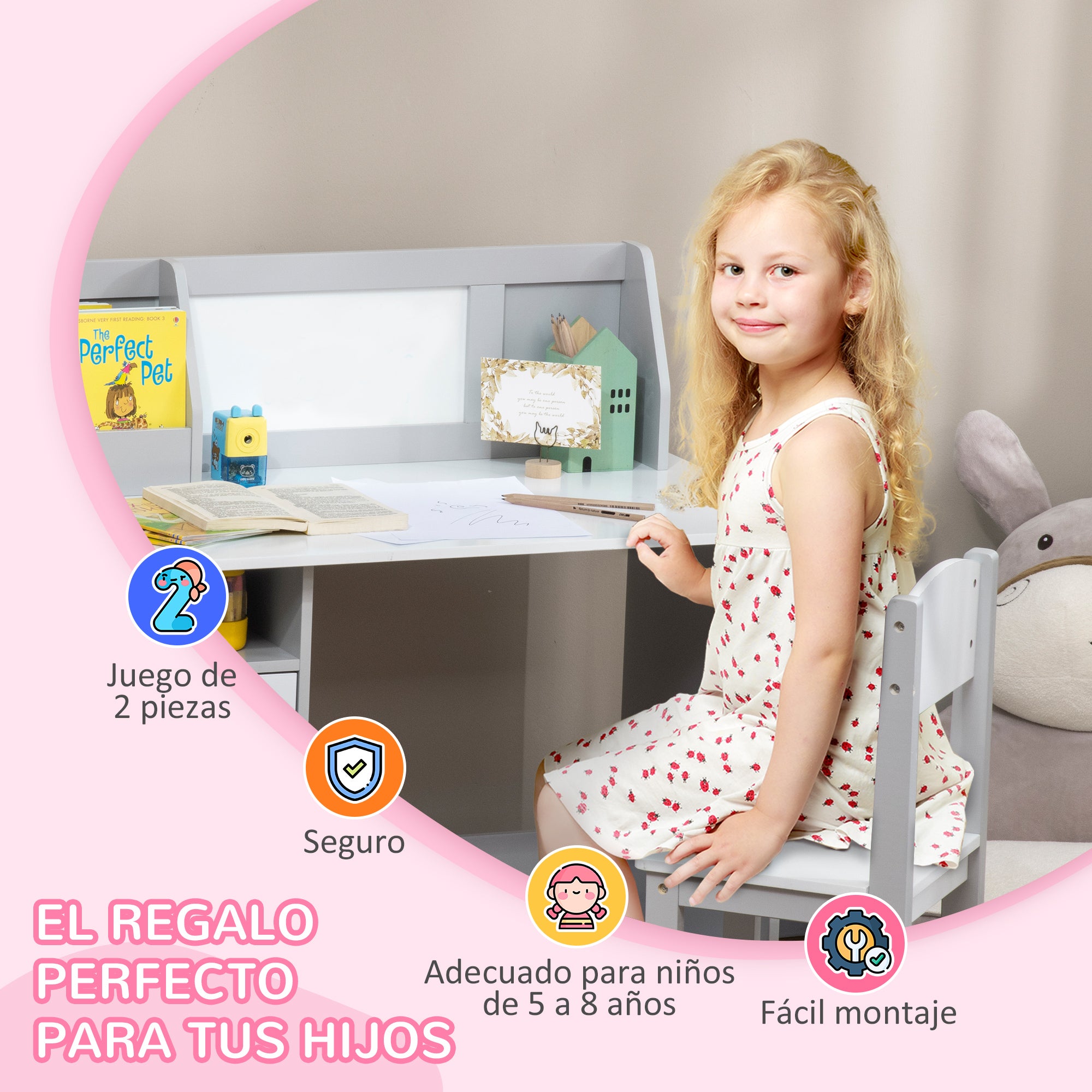 Kids Table and Chair Set with Whiteboard Wooden Study Desk for Children 5+ Years Kid's Writing Desk 90x45x85 cm Gray