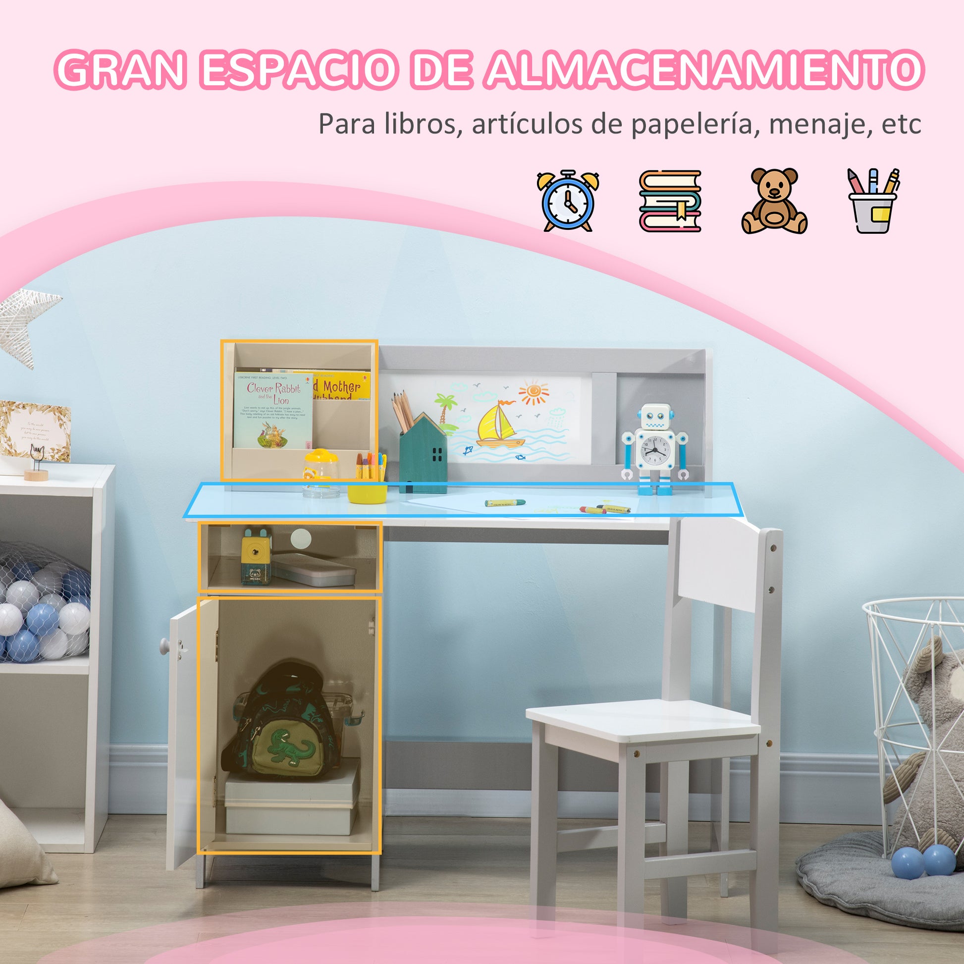Kids Table and Chair Set with Whiteboard Wooden Study Desk for Children 5+ Years Kid's Writing Desk 90x45x85 cm Gray