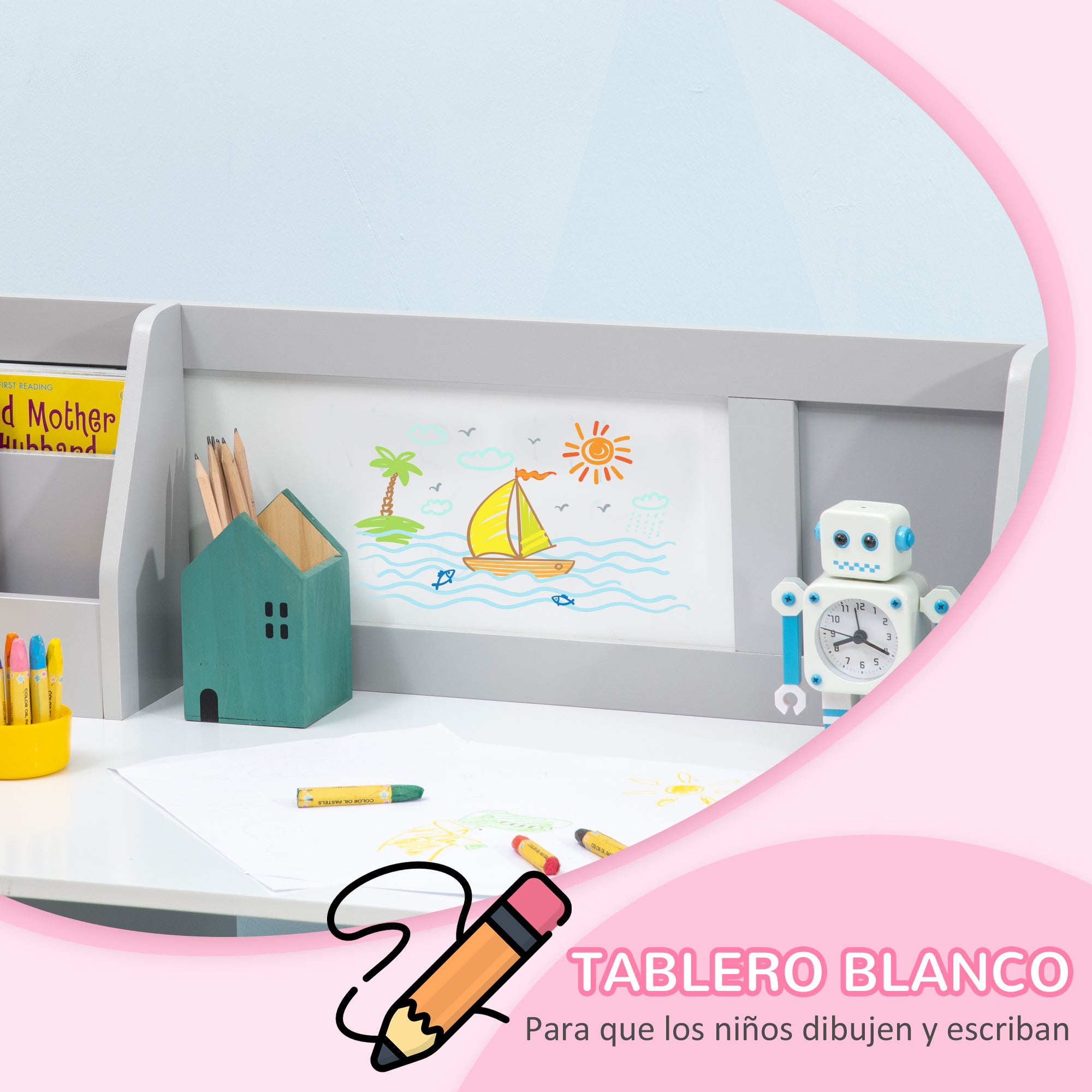 Kids Table and Chair Set with Whiteboard Wooden Study Desk for Children 5+ Years Kid's Writing Desk 90x45x85 cm Gray