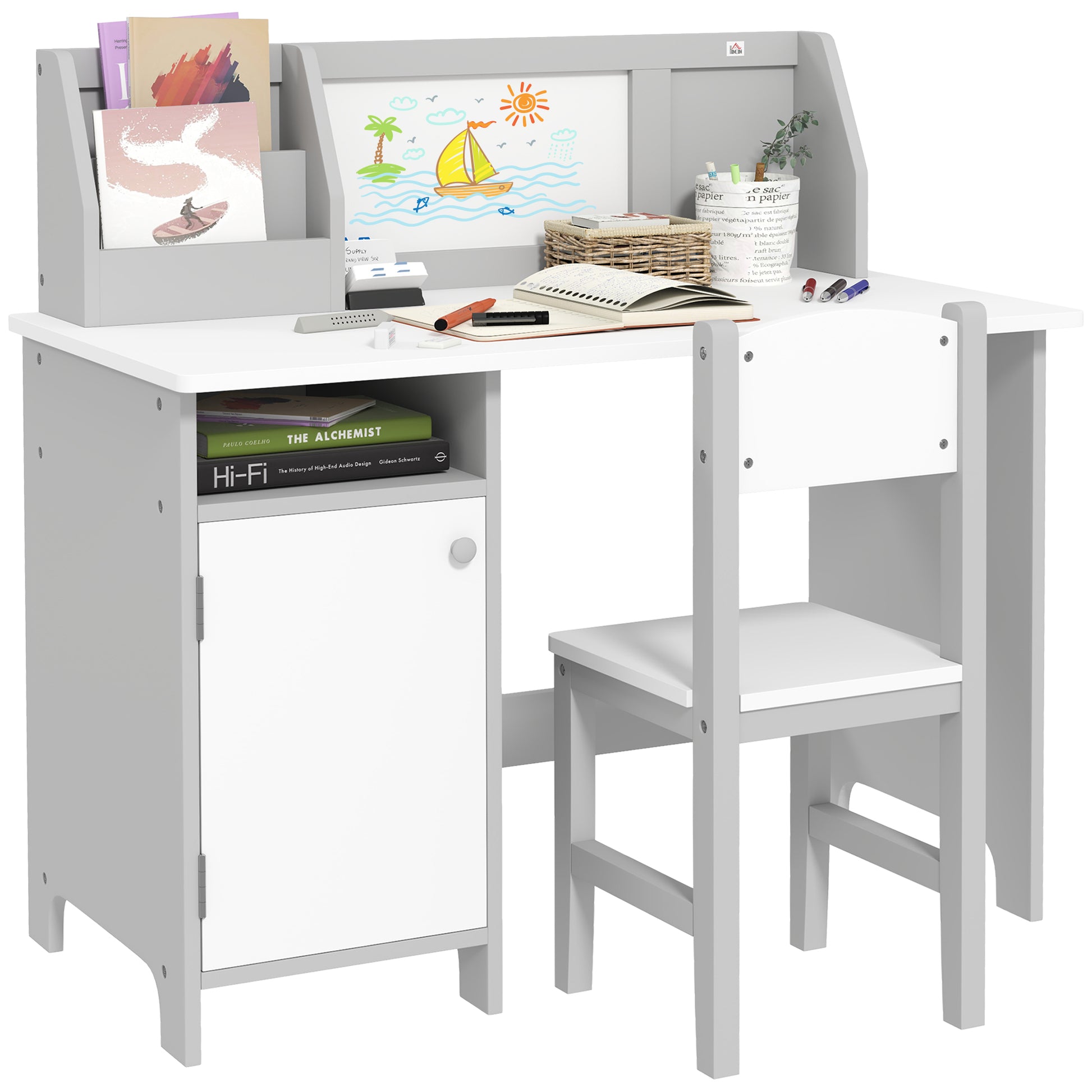 Kids Table and Chair Set with Whiteboard Wooden Study Desk for Children 5+ Years Kid's Writing Desk 90x45x85 cm Gray