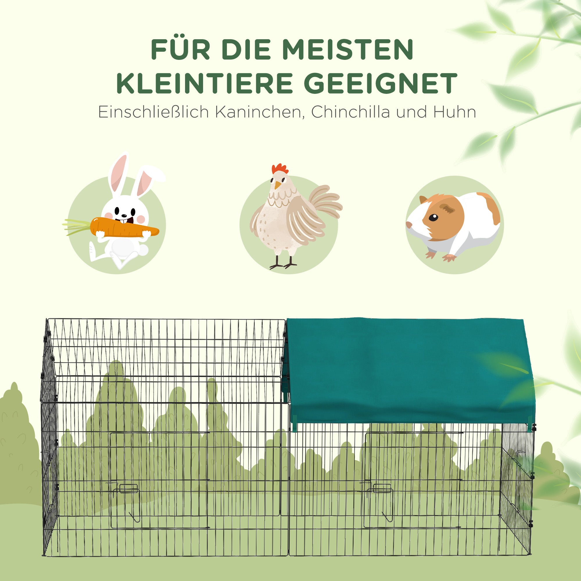 Outdoor Enclosure 220 x 85 x 103 cm Small Animal Enclosure with Cover, 4 Doors, Guinea Pig Enclosure for Rabbits, Indoor, Outdoor, Steel, Green